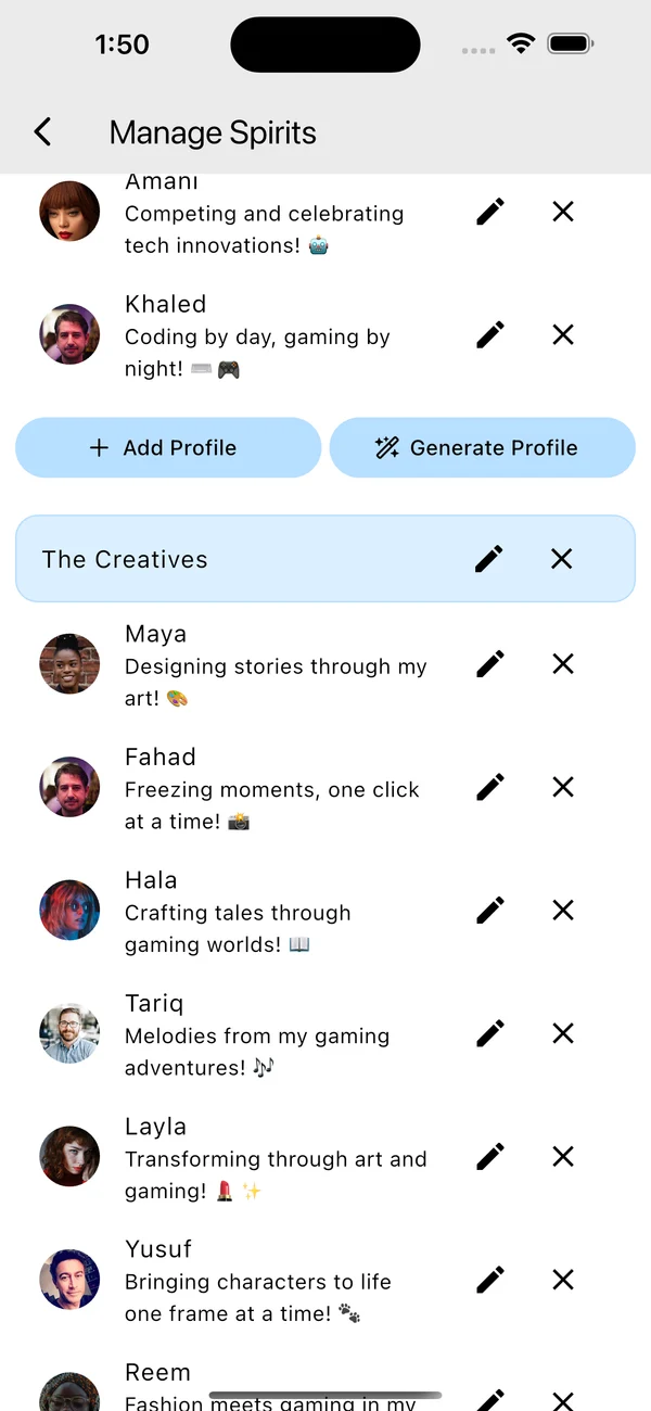 Manage Spirits screen showing AI characters organized in The Creatives circle